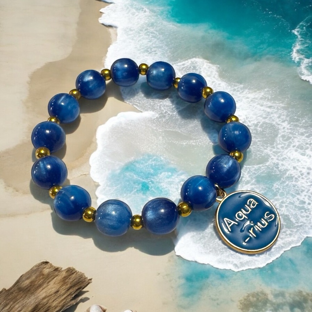 Aquarius Blue Beaded Bracelet with Zodiac Charm